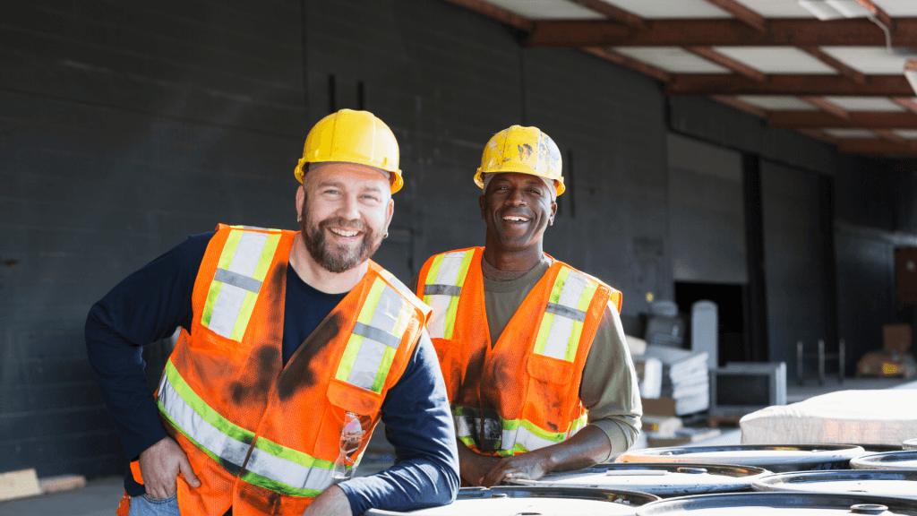 Two building supervisors in hi-vis vests and hard hats on a commercial construction site