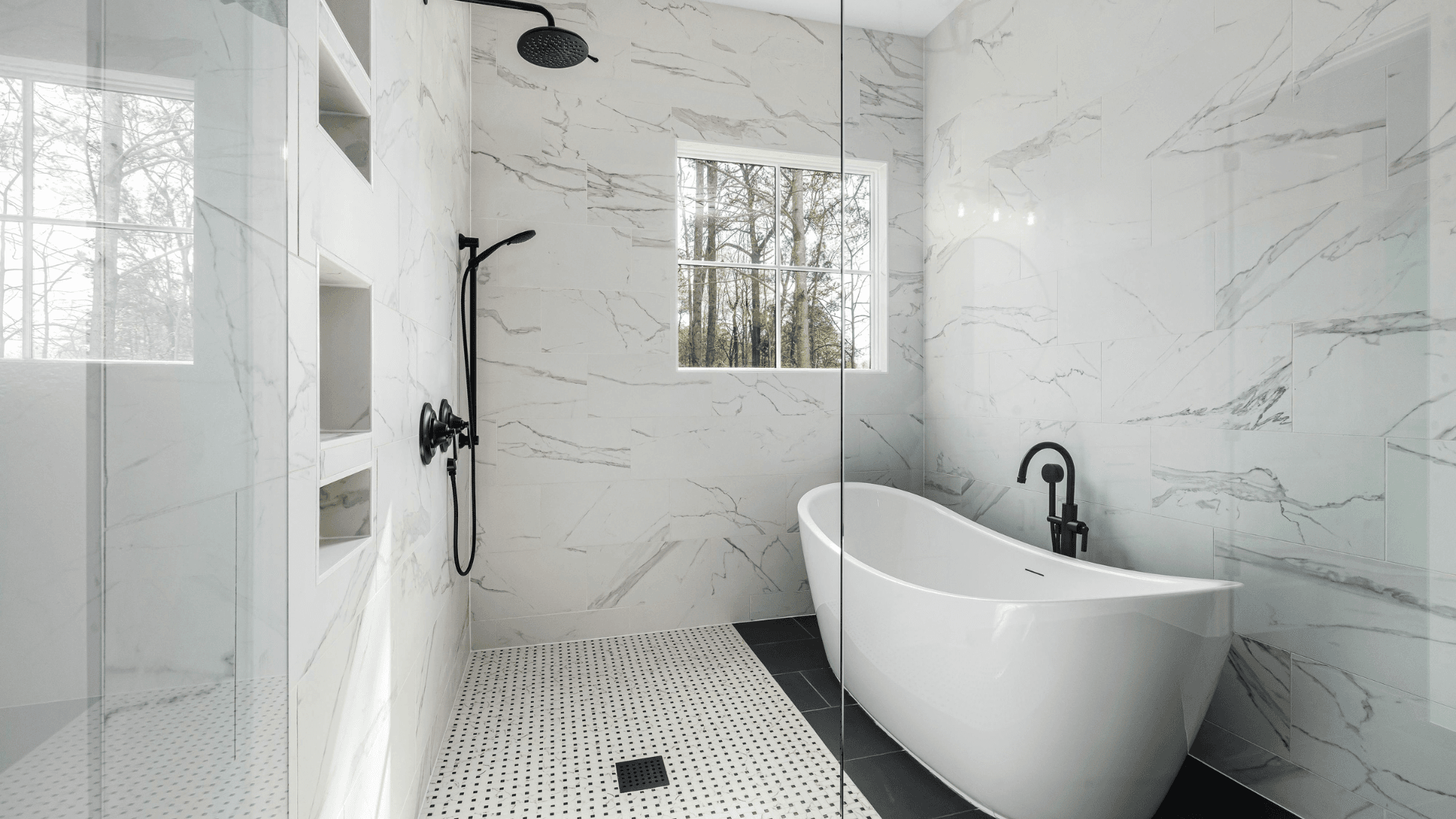 Finished waterproofed wet area with marble tiling