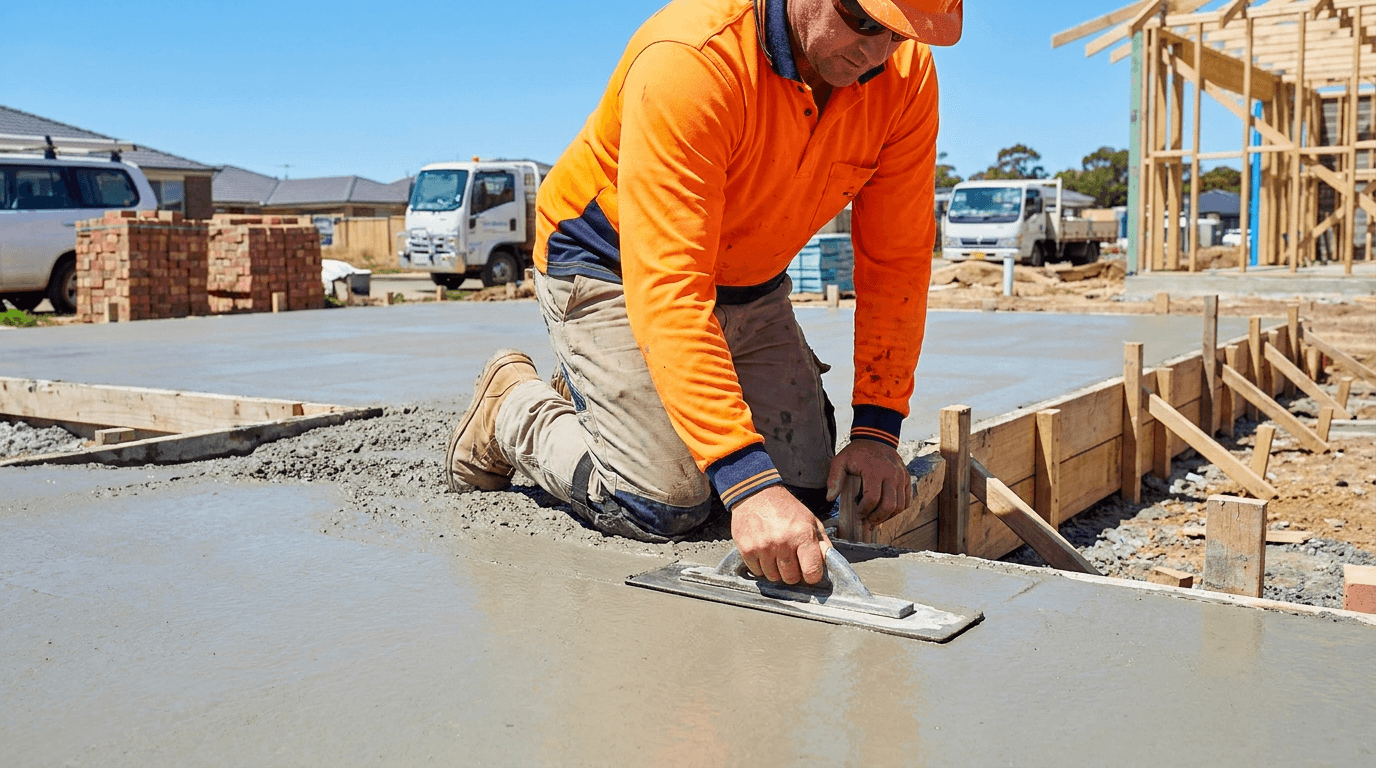 Concreter smoothing a freshly poured concrete slab with a trowel on a residential construction site